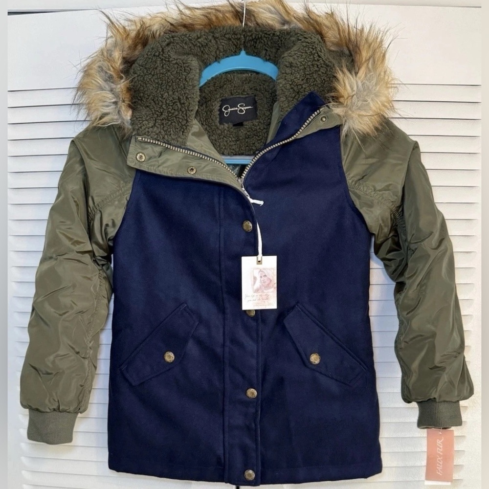 NEW Jessica Simpson Girls Heavy Blue Olive Coat Faux Fur Hood Medium 10 / 12 - Picture 8 of 13